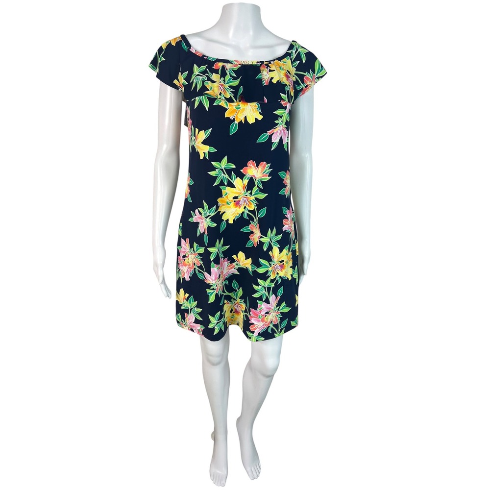 Tommy Bahama Womens Dress Floral Ruffle Neck Swim Cover-Up Navy Tropical Size S